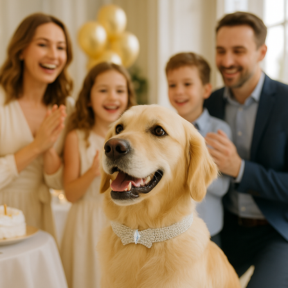 chien arborant avec élégance son collier couleur argent au milieu de sa famille