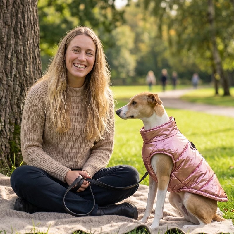 Doudoune pour chiens rose avec une femme et son chien sous un arbre