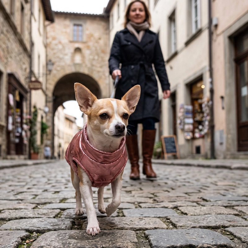 Doudoune pour chiens rose en ville
