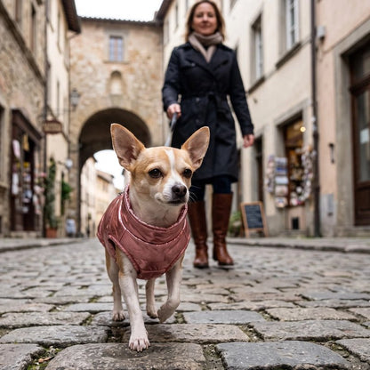 Doudoune pour chiens rose en ville