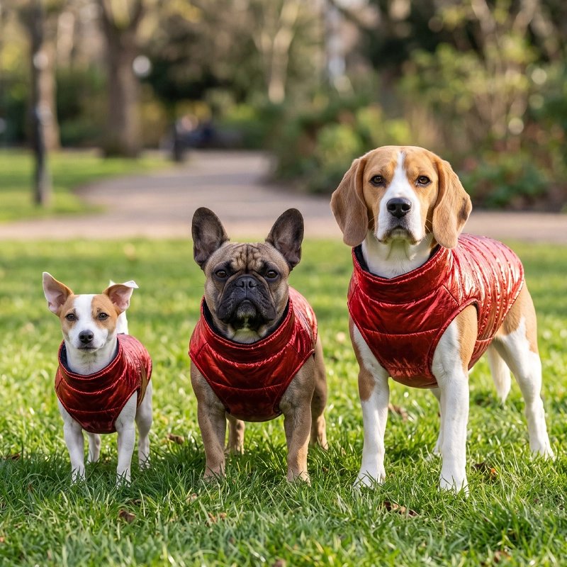 Doudoune pour chiens rouge avec trois chiens