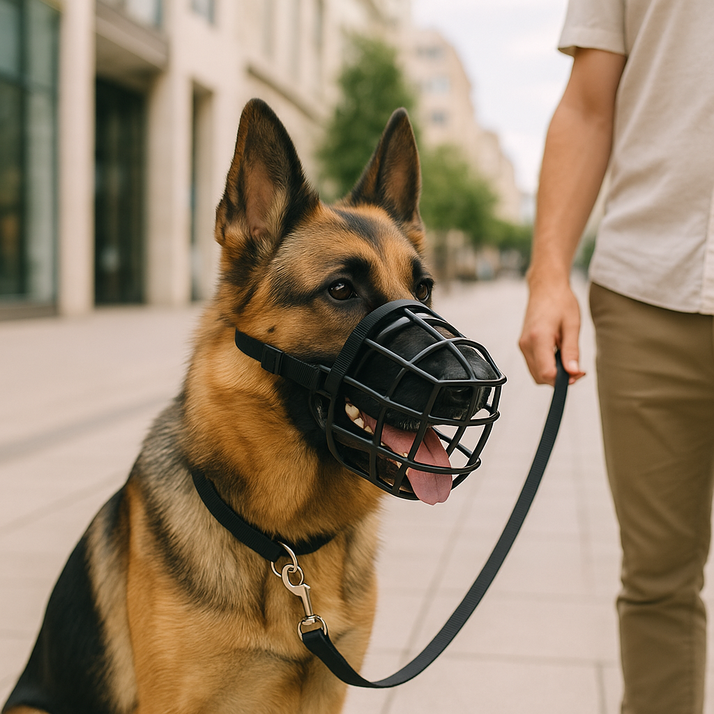 Berger allemand portant une muselière anti-morsure noir en promenade en centre-ville, calme et détendu avec son maître.