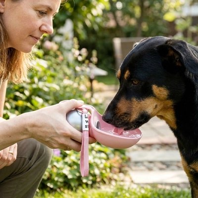 Gourde pour Chien femme donnant à boire à un chien