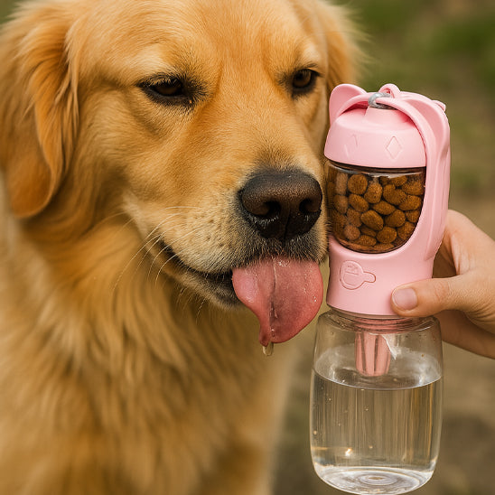 Chien près d'une gourde pour chien rose 2 en 1