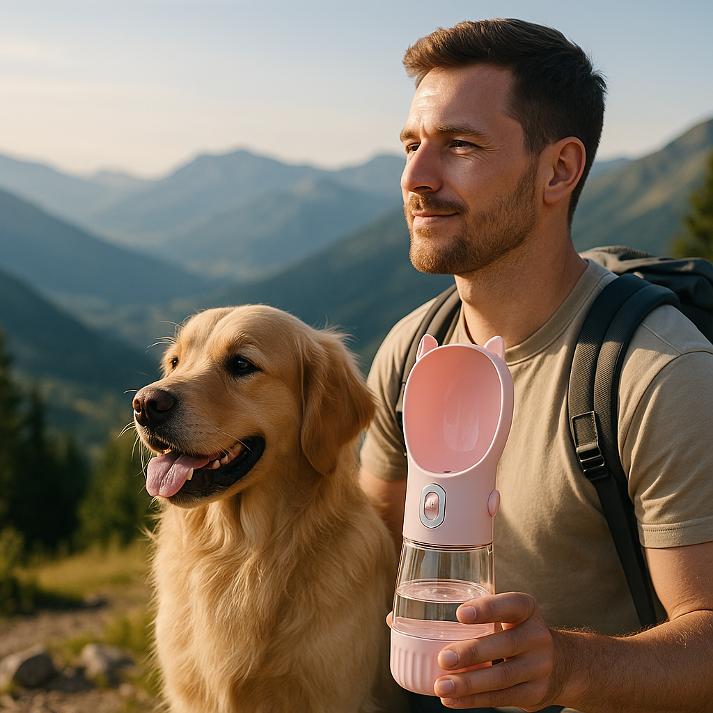 Chien assis prêt de son maître qui tient la gourde-pour-chien-rose en montagne