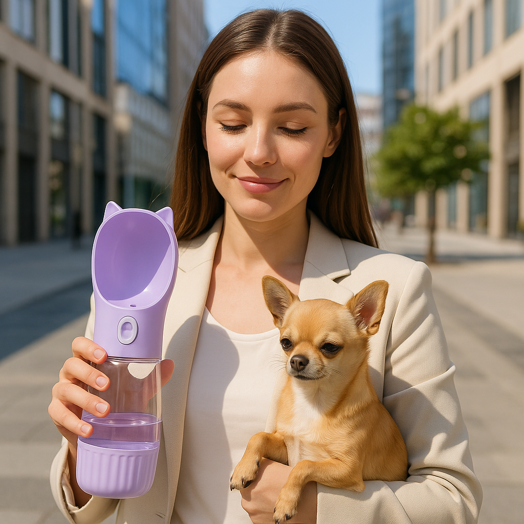 Chien avec sa maîtresse tenant une gourde pour chien violet