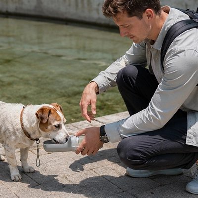 Gourde pour Chiens gris homme donnant à boire pour un chien