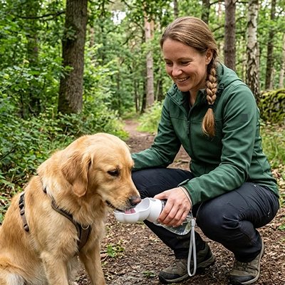 Gourdes pour Chien femme donnant à boire à un chien dans les bois