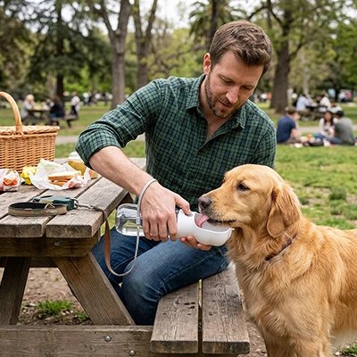 Gourdes pour Chien homme donnant à boire à un chien