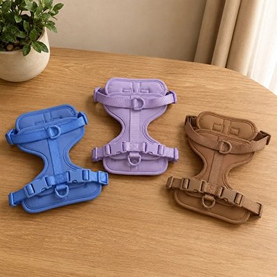 Harnais chien bleu marron et violet sur table