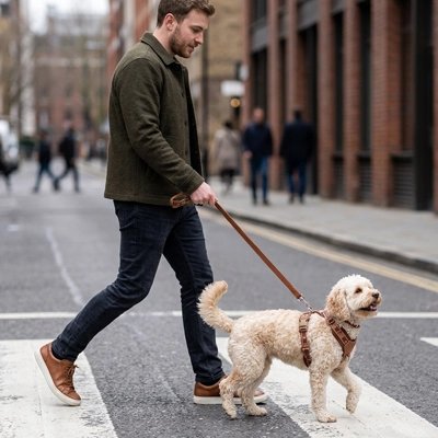Harnais chien en Y en ville avec son maître