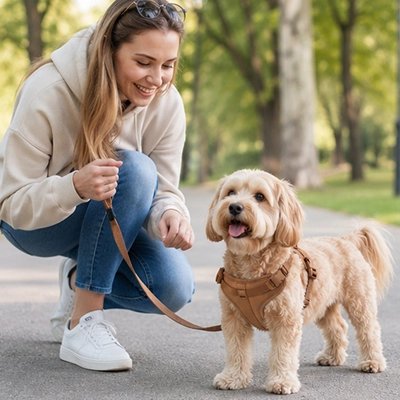 Harnais chien marron avec sa maîtresse