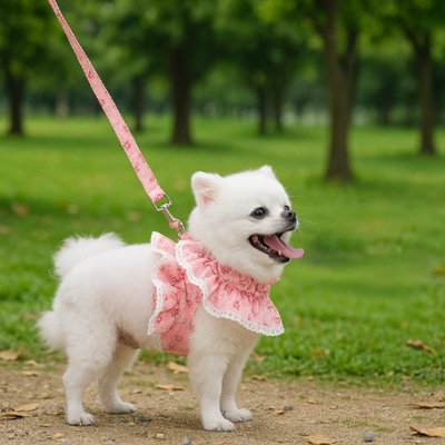Harnais petit Chien rose au parc