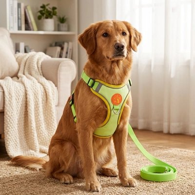 Harnais pour Chien vert dans le salon