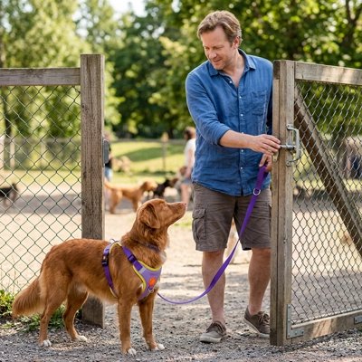 Harnais pour Chien violet avec son maître