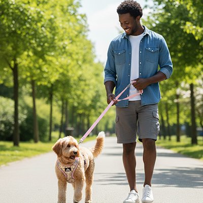 Harnais pour petit chien accompagné de son maître