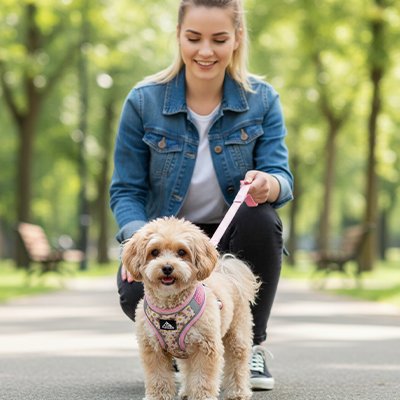 Harnais pour petit chien dans les bois