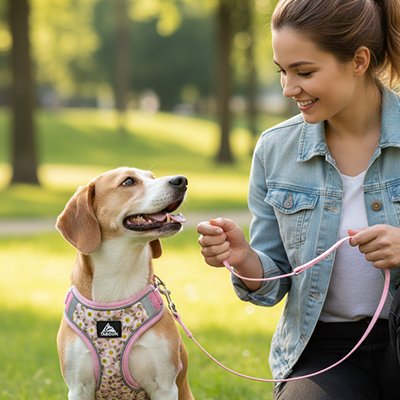 Harnais pour petit chien souriant avec sa maîtresse