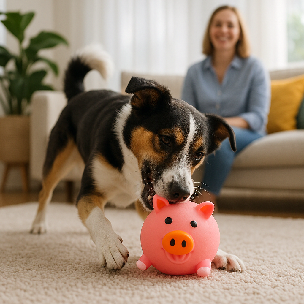 Chien avec jouet pour chien à mâcher en forme de cochon dans le salon