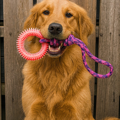 Chien mordant le Jouet-pour-chien-indestructible-rose résistant, idéal pour mâcher, nettoyer les dents et réduire l’anxiété canine