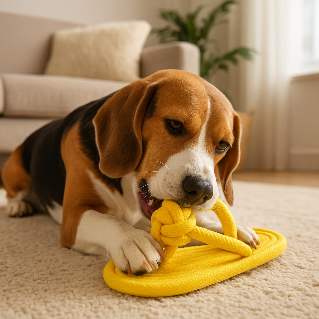 Jouet pour chien jaune croqué par un beagle dans le salon