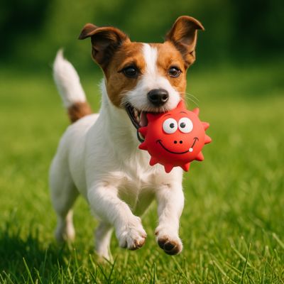 Petit chien courant dans l’herbe avec un jouet pour chien rose dans la gueule, pour s’amuser en extérieur.