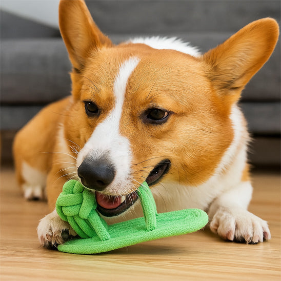 Jouet pour chien vert croqué par un chien dans le salon