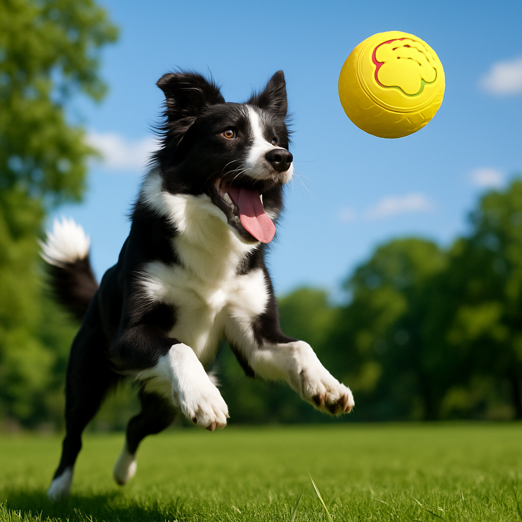 Chien jouant avec une balle interactive jaune, jouets pour chien favorisant le bonheur canin