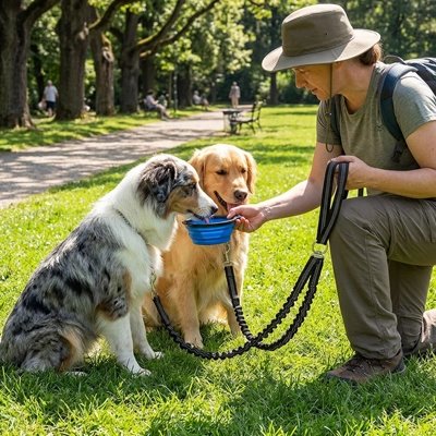 Laisse double pour Chien avec deux chiens qui boit de l'eau