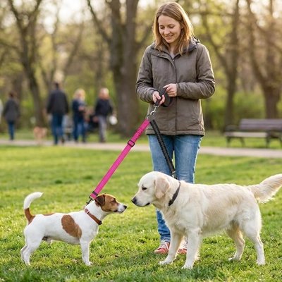 Laisse double pour Chien femme avec deux chiens au parc