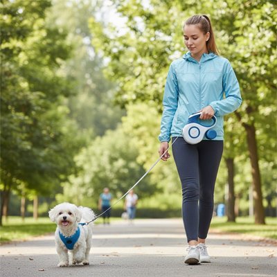 Laisse enrouleur chien bleu marche dans le parc