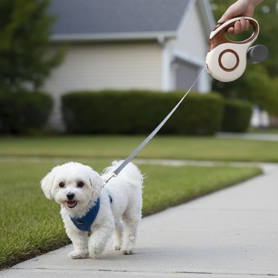 Laisse enrouleur chien marron avec caniche blanc