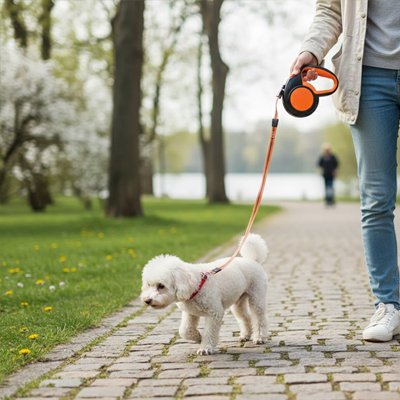 Laisse enrouleur pour chien orange au bord de l'eau