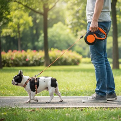Laisse enrouleur pour chien orange au parc