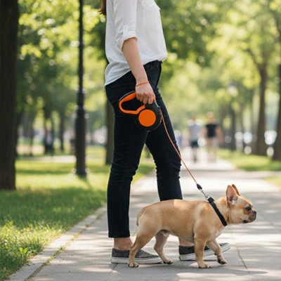 Laisse enrouleur pour chien orange avec bouledogue français 