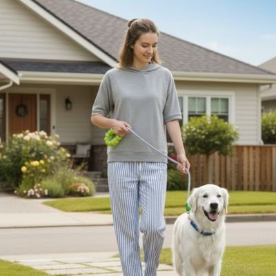 Laisse pour Chien violet devant la maison