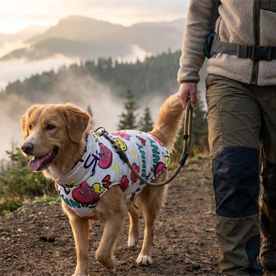 Manteau chien blanc en balade sur la rive d'un fleuve
