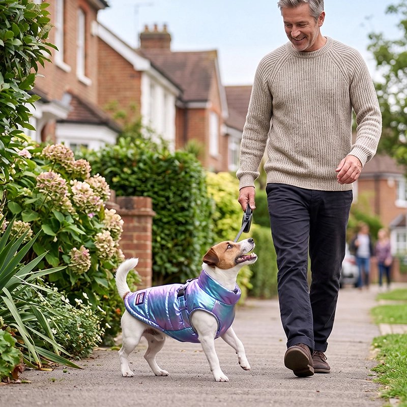 Manteau Chien bleu en balade avec son maître