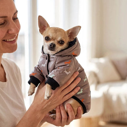 Manteau Chien gris avec sa maîtresse