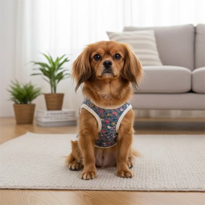 Manteau Chien hiver bleu dans le salon