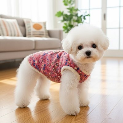 Manteau Chien hiver rose dans le salon
