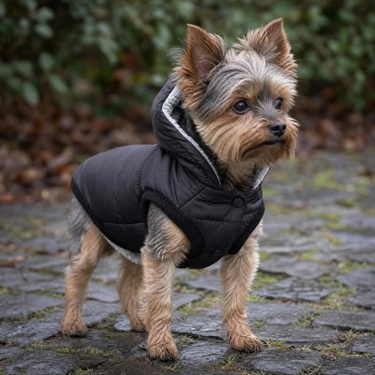 Manteau Chien noir avec capuchon de face