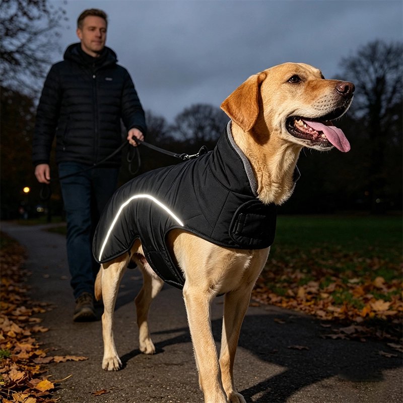 Manteau Chien noir balade la nuit