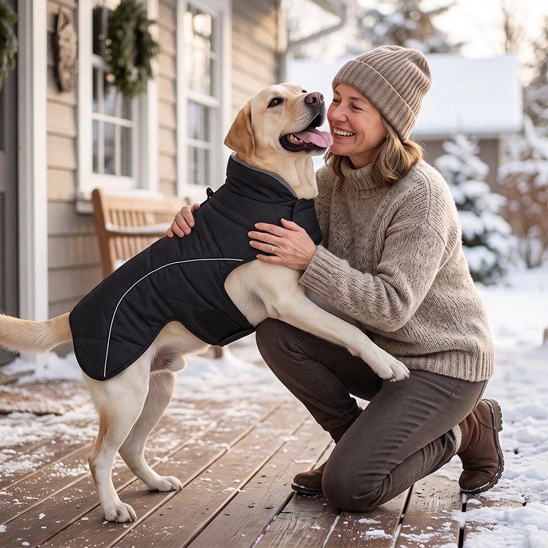 Manteau Chien noir câlin femme avec son chien