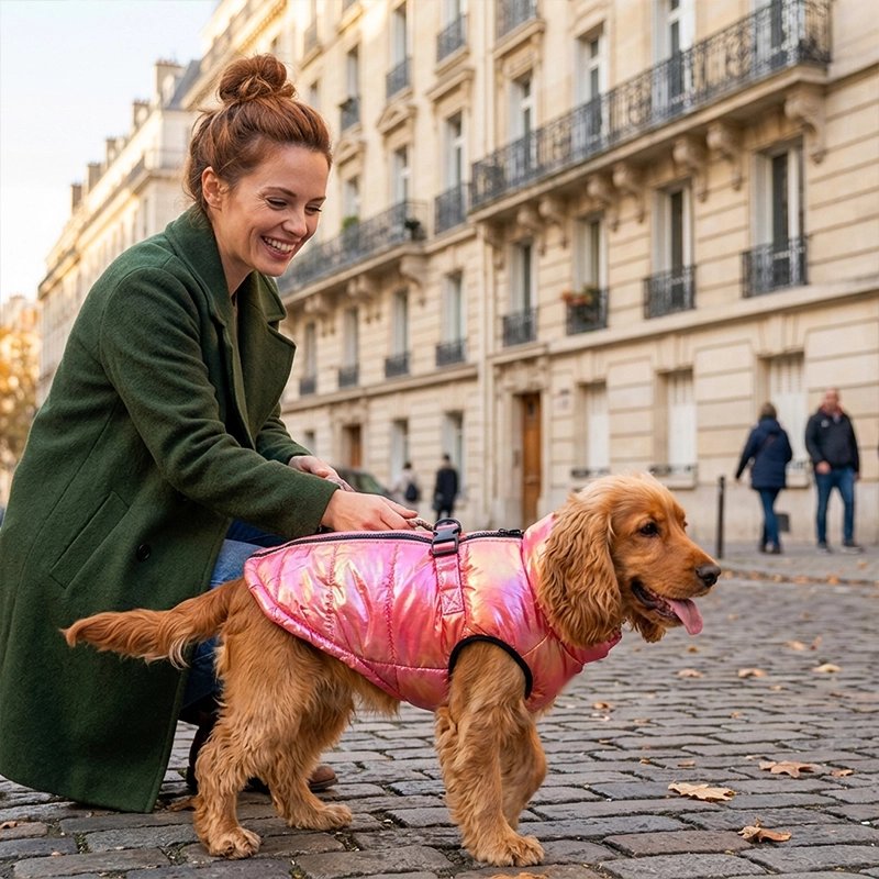 Manteau Chien rouge en ville chien avec sa maîtresse