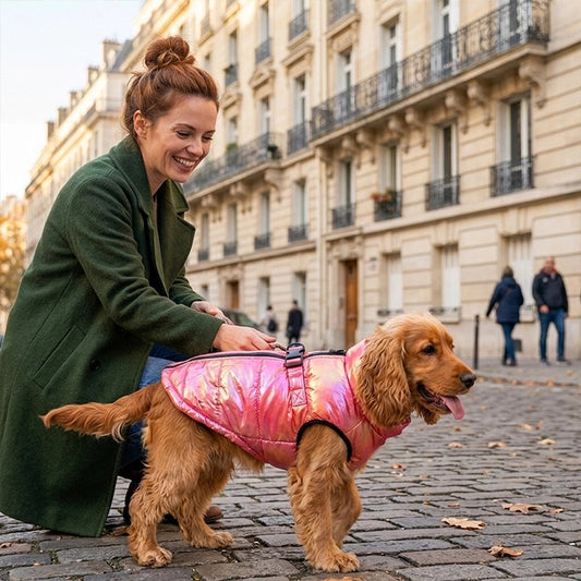 Manteau Chien rouge en ville chien avec sa maîtresse