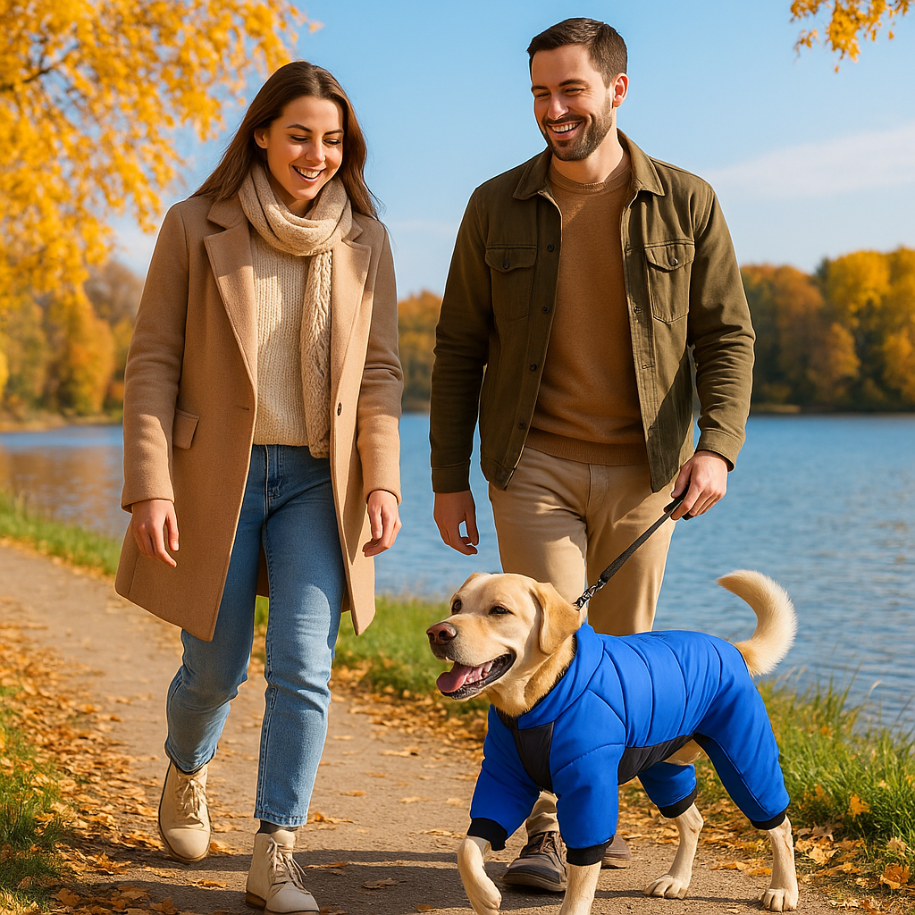 Labrador vêtu de son manteau bleu se promenant au bord d'un lac accompagné de ses maîtres