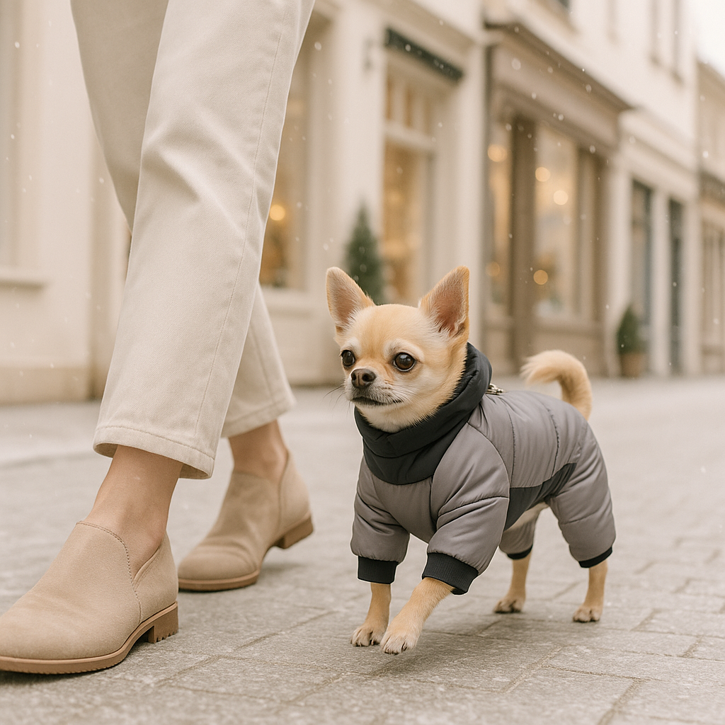 Chihuahua vêtu de son manteau gris se promenant dans la rue