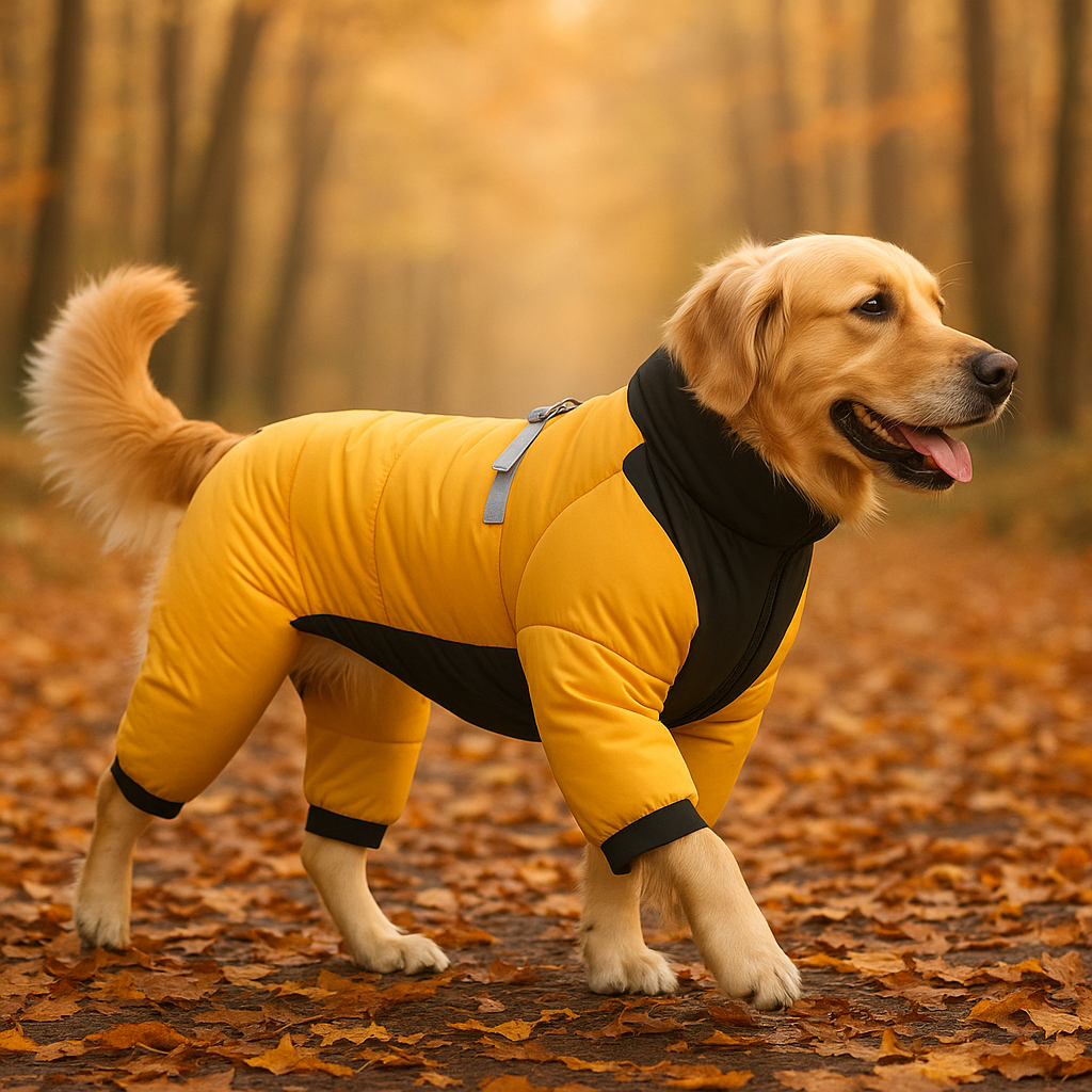 Labrador vêtu de son manteau jaune se promenant dans le bois 