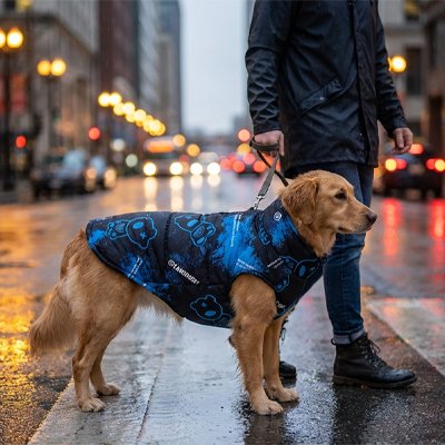 Manteau pour chien bleu la nuit en ville